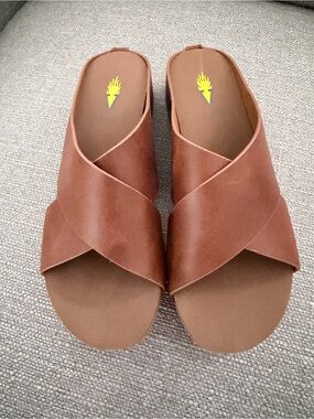 Volatile Brown Crisscross Leather Slide Mules
